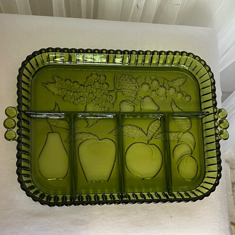 Vintage 70’s Avocado Indiana Glass Divided Serving Tray
